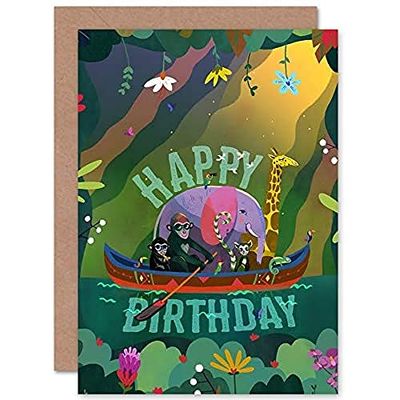 Wee Blue Coo Jungle Boat Kids Birthday Card Giungla Barca bambini