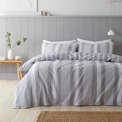 Bianca Brushed Cotton Ticking Stripe Reversible Double Duvet Cover Set with Pillowcases Grey