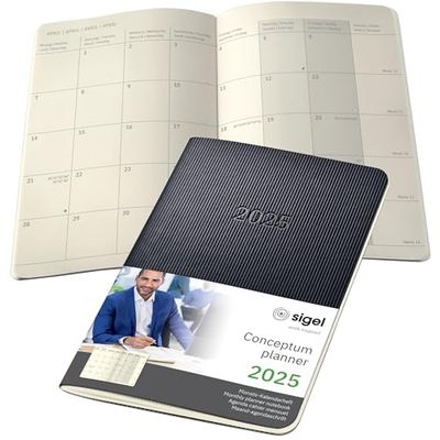 SIGEL C2585 Conceptum Monthly Planner Notebook 2025, Approx. A6, Black, softcover, 2 Pages = 1 Month, 64 Pages, (WxHxD): 9.30 x 14 x 0.50 cm