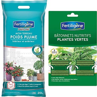 Fertiligene Terreau Poids Plume Intérieur & Extérieur, 20L & Engrais Plantes Vertes Batonnets, x40