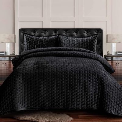 Tribeca Living Fluwelen queensize spreiset, driedelig, beddengoed met honingraatsteek, superzachte fluweel van 260 GSM, oversized sprei en twee kussenslopen, staalgrijs