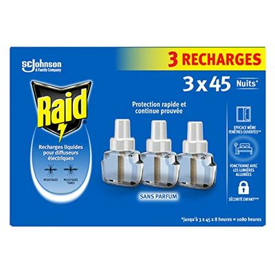 Raid Recharge 3en1 Electrique Liquide Moustiques & Moustiques Tigres - 3 Recharges 45 Nuits