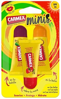 Carmex Bálsamo Labial SPF15, Triplo Minis (Cereza, Piña y Fresa) 5gx3. Hidratan, protegen, reparan, calman y suavizan los labios.