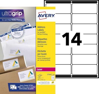 Avery Étiquettes Autocollantes Blanches, 3500 Pièces,L7163-250, 99,1 x 38,1 mm, Papier A4, Feuille A4, Pour Imprimantes Laser, Anti-Bourrage, Papier FSC, Pour adressage et expédition