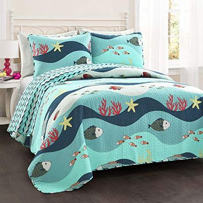 Lush Decor Sealife Fish Ocean Wave Conjunto de cama reversível de 2 peças, cor azul, algodão, Twin