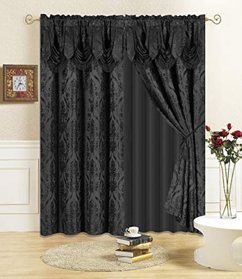 All American Collection Ensemble de 4 pièces avec cantonnière attachée et Voile avec 2 embrasses incluses (160 cm de Long, Noir)