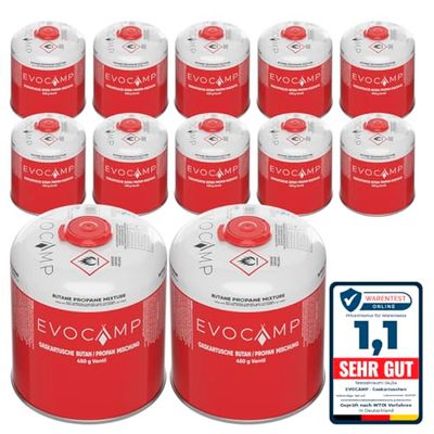 EVOCAMP 12X cartucho de gas Propano Butano 450g, cartucho de rosca europea 7/16", botellas de gas para camping 809ml, bombona de gas, puede utilizarse para barbacoas Weber de la serie Q100/1200