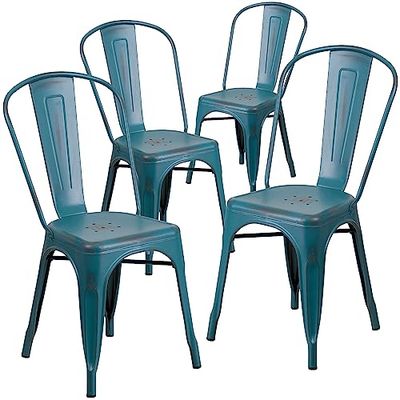 Flash Furniture Cadeira de metal envelhecida, Kelly Blue-Teal, conjunto de 4