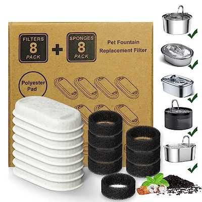 Filtros de fuente de agua para gatos, paquete de 16 filtros de repuesto para fuente de agua para gatos de acero inoxidable de 67 onzas/2 litros, fuente de agua ajustable para mascotas, fuente de agua