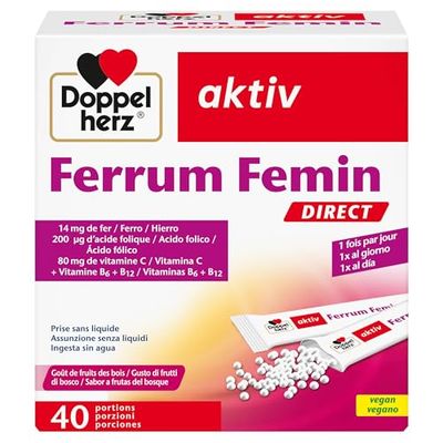 Doppelherz Ferrum Femin avec vitamine C + B6 + B12 + acide folique - 14 mg de fer pour la formation normale des globules rouges - 40 sachets