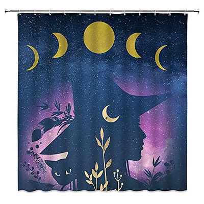 Halloween Hexe Duschvorhang Fantasie Mondphase Sternenhimmel Mond Sonne Geheimnisvolle Blume Silhouette Magie Schwarze Katze Gothic Badezimmer Dekoration Vorhang Set mit Haken