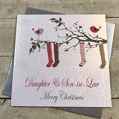 White Cotton Cards dochter en schoonzool Merry Christmas kerstkaarten in kousenontwerp