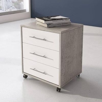 Dmora ArcosdelaF Modern 3 Drawer Cabinet with Wheels, Aramdietto Office Document Holder, Desk Bedside Table 43 x 40 x 57 cm, Concrete and White