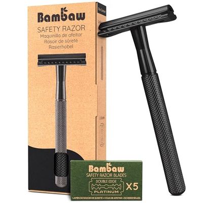 Bambaw – Maquinilla de Afeitar Clasica con 5 cuchillas de afeitar, Afeitadora Manual para Hombre, Single Blade Razor, Compatible con Todas las Hojas de Afeitar – Negro