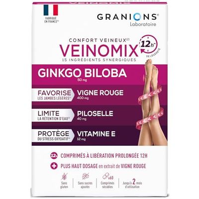 GRANIONS | VEINOMIX Libération prolongée 12h | Jambes lourdes | Favorise la sensation de jambes légères et limite la rétention d'eau | Vigne Rouge + Ginkgo Biloba + Piloselle | 60 comprimés