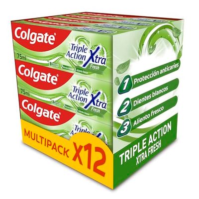 Colgate Tripla azione Xtra Fresh Dentifricio, confezione da 12 pezzi x 75 ml, Dentifricio al fluoro, protezione anticarie, aiuta a mantenere i denti bianchi, alito fresco, per tutta la famiglia