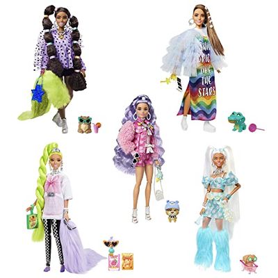 Barbie Extra-bundel met 5 poppen met exclusieve Barbie Extra Pop, 70 (mode) accessoires, 5 dierenvriendjes, extra lang haar en beweegbare gewrichten, voor kinderen van 3 jaar en ouder