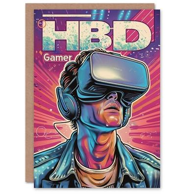 Artery8 Birthday Card Pop Art Gamer VR Space Nerd Bright For Him Man Male Dad Brother Son Papa Grandad Greeting Card