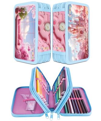 gimboo Schoolmapje met accessoires/pennenetui met grote capaciteit, met 3 vakken, pennenetui, pennenetui, motief - schattig roze motief, voor kinderen, jongens en meisjes, Meerkleurig, 19 x 11,5 x 6