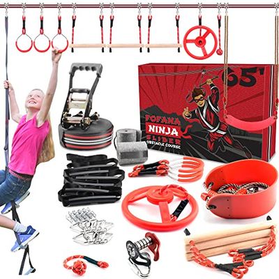 Fofana Ninja Warrior Obstacle Course for Kids Outside 19.8 Meters- Ninja Slider Included - Largest 11 Ninja Course Obstacles - Climbing Ladder, Spinning Wheel, Gym Ring
