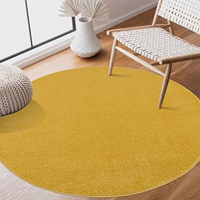 SANAT Tapis de Salon à Poils Courts - Uni Moderne - pour Chambre à Coucher, Bureau, Couloir, Chambre d'enfant et Cuisine - Jaune - 80 cm - Rond