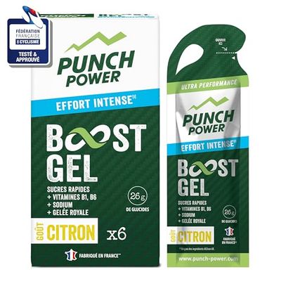 Punch Power Gel boost effort intense, pendant l'effort, fournit à vos muscles l'énergie dont ils ont besoin, glucides, vitamines B1 et B6, sodium et gelée royale. Gel de 40g - 6 gels