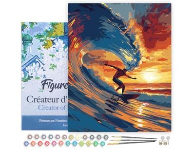 Figured'Art Pintar por Numeros Adultos con marco Surfeando la gran ola - Manualidades pintura acrilica Kit Cuadro DIY completo - 40x50cm con bastidor montado