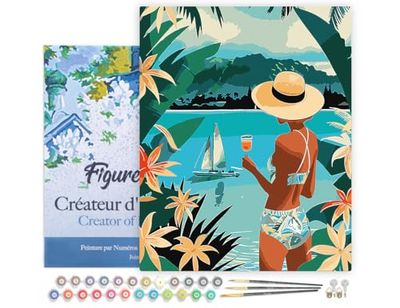 Figured'Art Peinture par Numéro Adulte avec Cadre Femme et océan - Activité Manuelle Kit de Loisir Créatif DIY Numéro d'Art Complet - 40x50cm toile tendue sur châssis