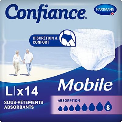 Confiance Mobile - Slips Absorbants Pour Hommes et Femmes - Niveau d'Absorption = 8 gouttes (Fuites Urinaires Importantes) - Discreti ed efficaci - pH Neutre à la Peau - Taille L - 14 Unità