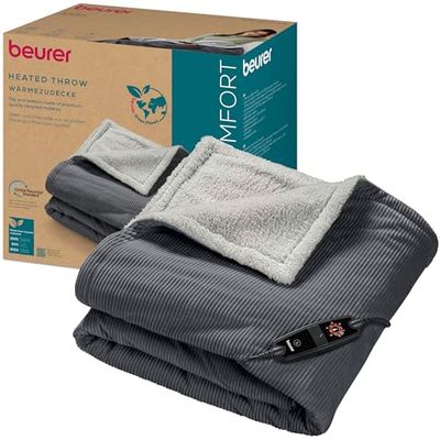 Beurer HD 80 Corduroy elektrische deken, behaaglijke warmtedeken met 6 temperatuurniveaus, gerecyclede materialen, met automatische uitschakeling en veiligheidssysteem, knuffeldeken van trendy, zachte