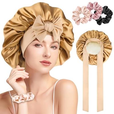 GlasFlength Cuffia Seta Capelli Notte, Cuffia di Seta Cuffia Regolabile Capelli Ricci Notte Morbida e Confortevole Berretto da Notte Raso Elastico Doppio Strato con 3 Elastici per Capelli (Cachi)