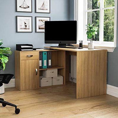 Vida Designs Longton Bureau d'ordinateur réglable en Forme de L avec étagères, tiroir et Porte, Table de Bureau pour Ordinateur Portable, Station de Jeu, Meubles, pin, 75 x 120 x 59 cm