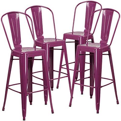 Flash Furniture Conjunto de 4 bancos de metal de grau comercial de 30 polegadas de altura para interiores e exteriores com encosto, roxo, 4 unidades