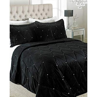 Riva Paoletti Nova colcha de diamante - preto diamante - lantejoulas de cristal - acolchoado design geométrico - 2 x almofada Shams incluída, 100% poliéster, 220 x 240 cm (87 x 94 polegadas)