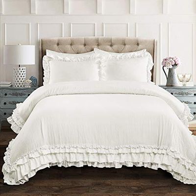 Lush Decor Ella – Parure de lit 3 pièces Vintage Chic en Dentelle à Volants, très Grand lit, Blanc et mélange de Polyester