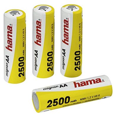Hama - Rechargeable NiHH Batteries, Níquel e Hhidruro Metálico, 2500 mAh, 1.2 V, AA Mignon, 4 Piezas, 30 g
