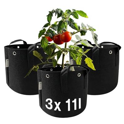 honju Home Grow-Bag - Vaso in tessuto, 11 l, confezione da 3 pezzi, per esterni, con fori rinforzati per legare, migliore crescita delle radici, prevenzione del ristagno, colore nero