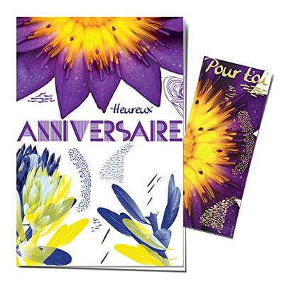 Afie 65-1314 Happy Birthday Flowers Card with Bookmark for You in Shiny Gold - Envelope Included - Made in France