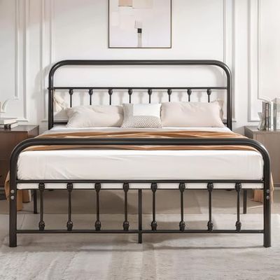 VECELO Cadre de lit 140 x 200 cm - Lit en métal avec tête de lit Haute - Lit Double Minimaliste Moderne pour Chambre à Coucher, Chambre d'amis, Beaucoup d'espace de Rangement sous Le lit, Noir