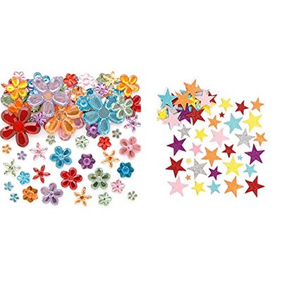 Baker Ross EK670 Self-Adhesive Acrylic Flower Jewels, for Kids Arts and Crafts Embellishments (Pack of 180), Assorted & EF309 Glitter Star Foam Stickers (Pack Of 150) For Kids Arts and Crafts
