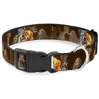 Buckle-Down Collare in plastica con Clip – Lady And Tramp 2 Pose/Spaghetti Bacio Scena Marrone, Poliestere, 1" W-9-15 Neck-Small