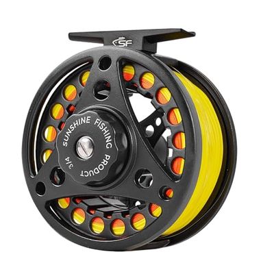 SF Grote Prieel Vliegvissen Reel 3/4wt Aluminium Body Gegoten Matt Zwart Pre-Loaded Fly Reel met Lijn Combo Fluorescerende Gele Vlieglijn
