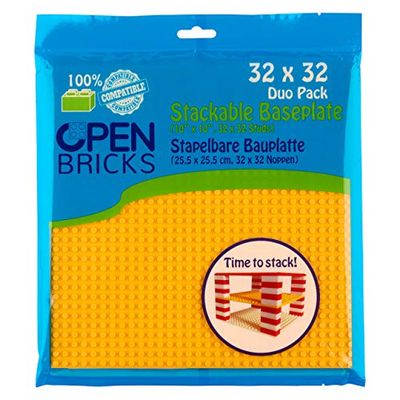 OPEN BRICKS Lot de 2 plaques de Construction 32 x 32 (25,5 x 25,5 cm), Jaune/Jaune, compatibles avec Toutes Les Marques Leader, utilisables des Deux côtés.