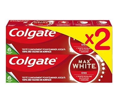 COLGATE - Dentifrice Blancheur Max White One - Testé Cliniquement pour Eliminer Jusqu'à 100% des Taches de Surface - Lot de 2 x 75 ml