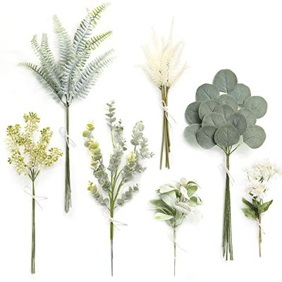 Serra Flora Artificial Greenery Stems Combo Box Set,46pcs with 7 Kinds of Faux Greenery Picks for DIY Bridal Bouquets Wedding Floral Arrangement Party Table Centerpieces