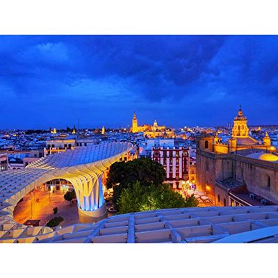 Wee Blue Coo Fotografi stadsbild Sevilla Spanien katedral nattvy lampor canvas tryck