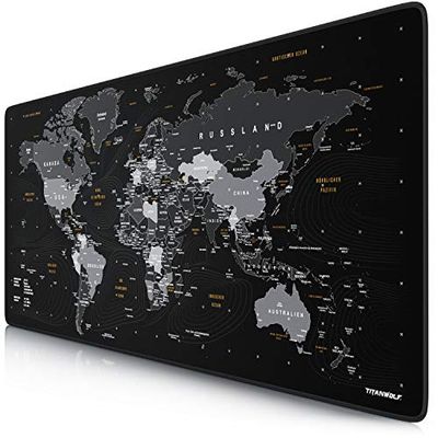 Titanwolf Tapis de Souris de Jeu Motif Allemand Titanwolf XXL 900 x 400 x 3 mm Tapis de Bureau Grand Tapis de Souris XXL pour Jeux et Bureau Motif Carte du Monde Noir