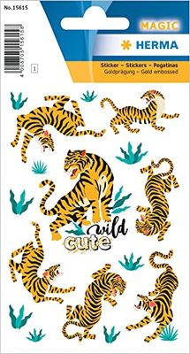 HERMA 15615 Wild Tiger Stickers with Elegant Gold Embossing Made of Foil, Gold Embossing, Permanent, 1 Sheet / 16 Stickers