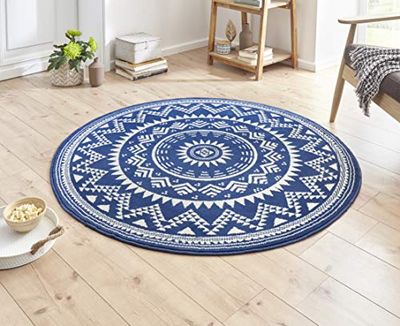 Hanse Home Valência Tapete redondo Tapete de cabelo curto moderno vintage para sala de jantar, sala de estar, quarto das crianças, corredor, quarto, cozinha, cor azul e creme, diâmetro 140 cm