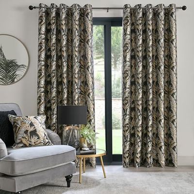 Laurence Llewelyn-Bowen - Rideaux Jacquard Noirs avec Feuilles Florales/fougères - Rideaux de Luxe pour Salon et Chambre à Coucher - Collection Paradise Palm Tree - 117 x 137 cm (l x L)